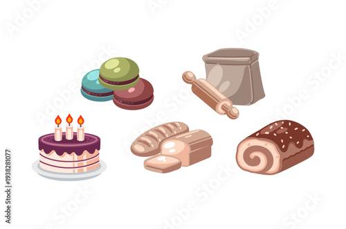 Bakery and Pastry Elements Flat Vector Illustration Collection. Cake, Bread, Macarons, Pastry Vector Design.