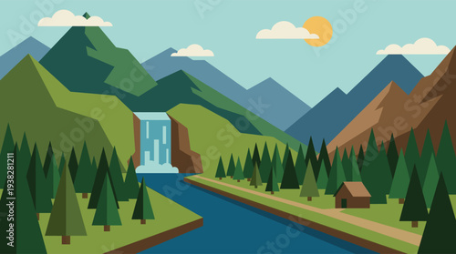 A scenic flat design illustration of a blue river running through green trees and mountains with a waterfall and cabin, evoking a sense of peace and nature.