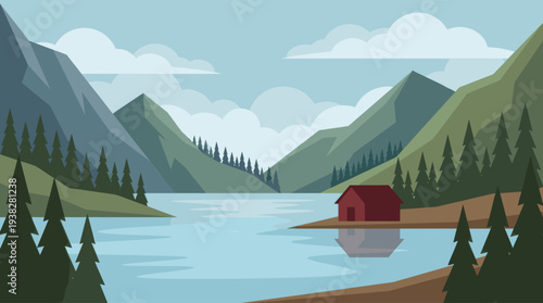 Scenic vector illustration of a red cabin nestled by a serene lake surrounded by mountains and forests, evoking calmness and solitude. Ideal for travel, nature, or escape concepts.