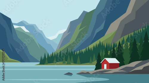 Vector illustration depicting a serene lakeside cabin retreat nestled in a mountainous landscape with towering peaks and lush green forests, creating a peaceful, picturesque scene.