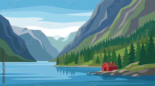 Illustration shows a red cabin on a rocky shoreline next to a lake surrounded by mountains and pine trees, conveying a sense of tranquility and escape.