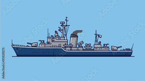Illustration of a blue warship with cannons and missiles on a light blue background.