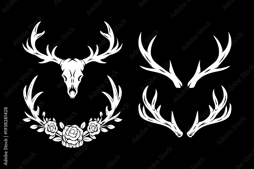 Fototapeta premium Collection of Deer Antlers Skull and Floral Wreath Vector Set. Vintage Wildlife Hunting Vector Illustration. Outdoor Logo Design