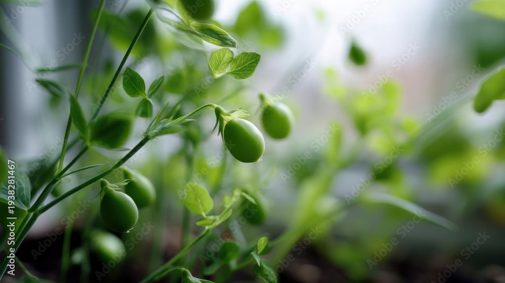 Obraz premium Close-up of a plant with green leaves. the plant appears to be a tomato plant, as there are several small, round, green tomatoes growing on the stem.