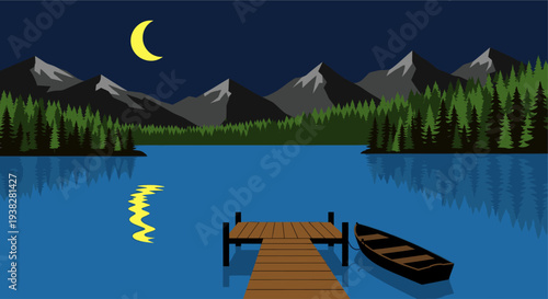 A tranquil scene depicts a serene lake reflecting a yellow moon, with a wooden dock, boat, forest, and mountain range under a dark sky, creating a peaceful atmosphere.