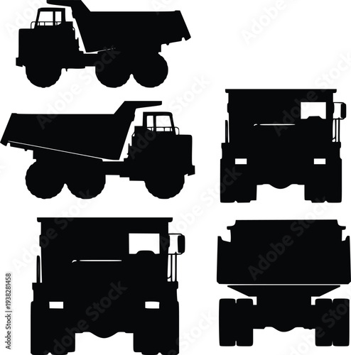 Black silhouette dump trucks vector illustration, flat design graphic