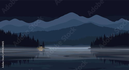 A cabin with glowing windows reflects in a still lake, surrounded by a dark forest and layered mountains under a night sky, creating a serene and peaceful atmosphere.