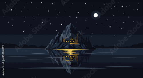 Cozy cabin's light reflects on calm water under a starry night with a full moon, evoking a sense of peace and solitude in a nature setting.