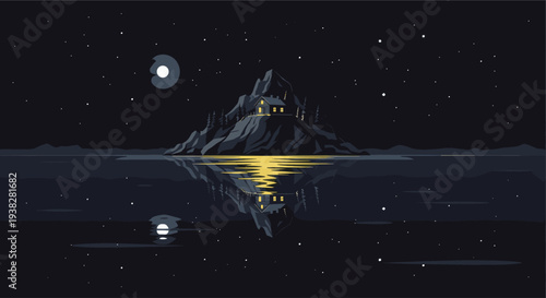 Stylized illustration of a cozy cabin glowing on a dark, rocky hill reflected in a serene lake under a starry night sky with a bright moon.
