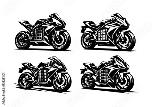 Set of four black and white silhouette motorcycles vector illustration