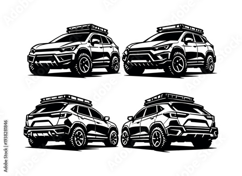 Four black and white suv car silhouettes with roof racks vector illustration set