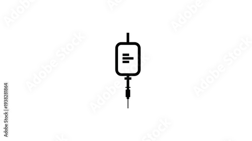 A medical illustration of a black IV bag, with lines on the bag, and a tube and needle below