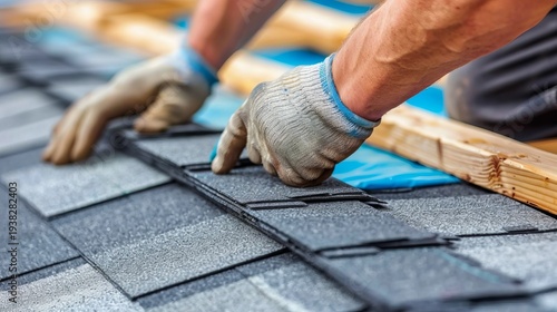Skilled roofer installing new grey asphalt shingles on a residential roof for enhanced protection