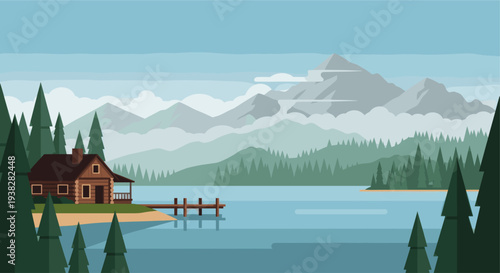An inviting vector illustration showcases a lakeside cabin nestled in a scenic mountain landscape with trees and a peaceful lake, evoking tranquility and the allure of nature.