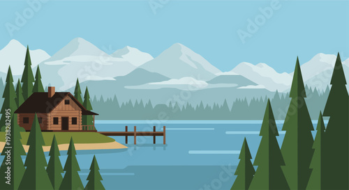 A cozy log cabin sits lakeside with a small pier and mountain backdrop, conveying peacefulness and outdoor escape. Could be used for travel, real estate, or lifestyle themes.
