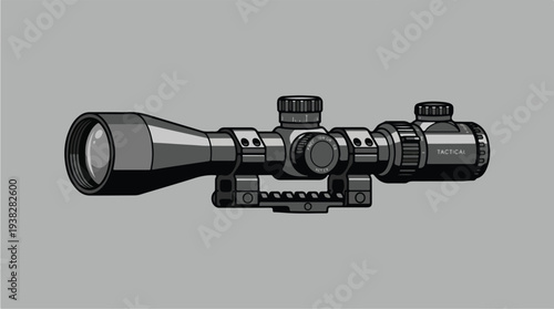 Illustration of a Rifle Scope with Mounting Hardware.