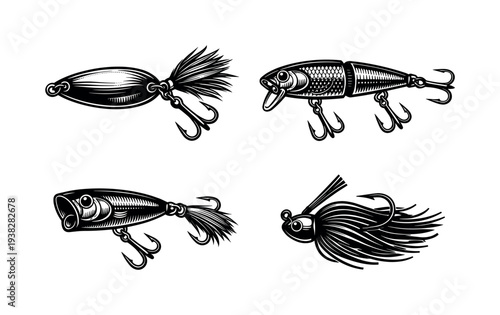 Vector illustration of vintage fishing lures in black and white silhouette style