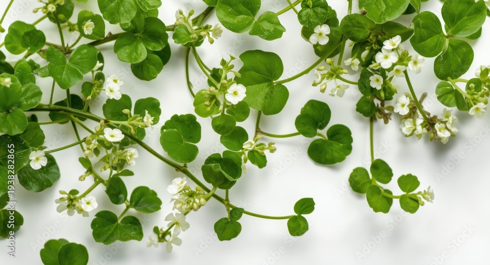 Obraz premium Bacopa monnieri Brahmi plant with vibrant green leaves and delicate white blooms on a pure white background