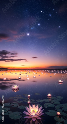 Sunset, Lake, Water Lillies, Daffodils, Night, HD Wallpaper,