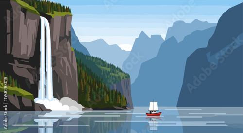 Flat vector illustration of a stunning waterfall cascading into a serene lake with a red boat, set against a backdrop of mountains and clear blue sky.
