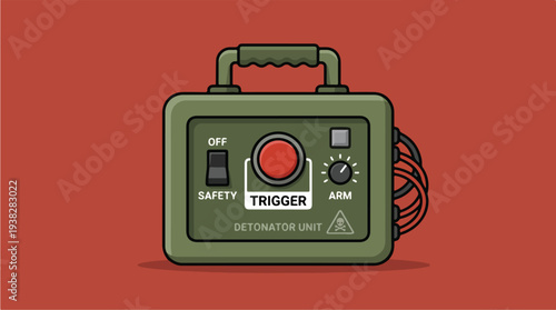 Illustration of a vintage green trigger unit with a red button.