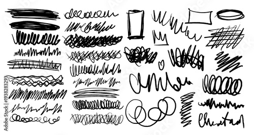 Expressive hand drawn scribble element set. Abstract chaotic pencil scrawls and rough ink squiggles. Trendy messy line art texture pack for brutalist graphic design, zines and contemporary posters.