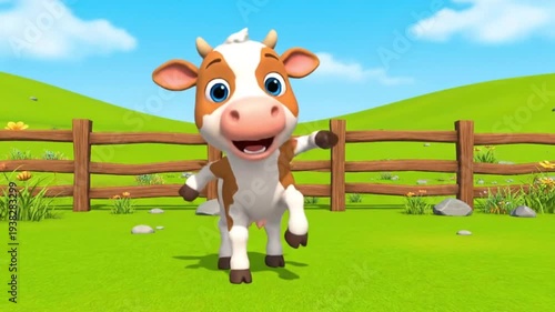 Cartoon Cow Running in Green Pasture.