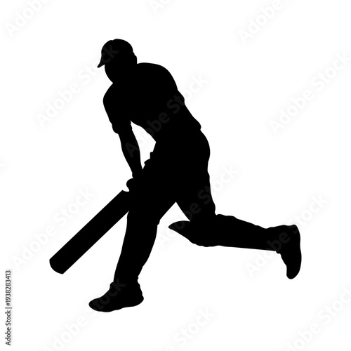 Cricket Player Silhouette. Isolated on White Background