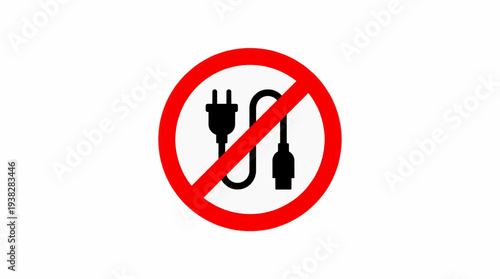 Prohibited electrical plug and socket icon symbol on red background circle