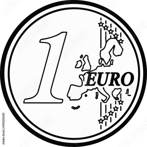 Black and white line art of a one euro coin featuring Europe map
