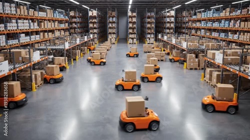 Modern Warehouse with Automated Forklifts and Storage.