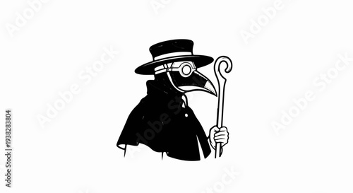 Drawing of a masked figure holding a staff