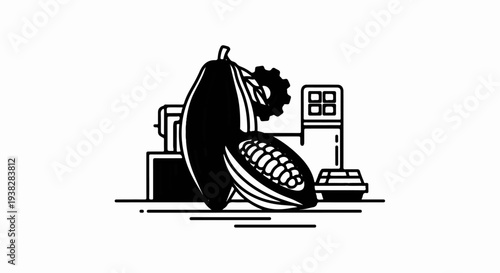 Cocoa pod with beans, cogwheel, and factory equipment