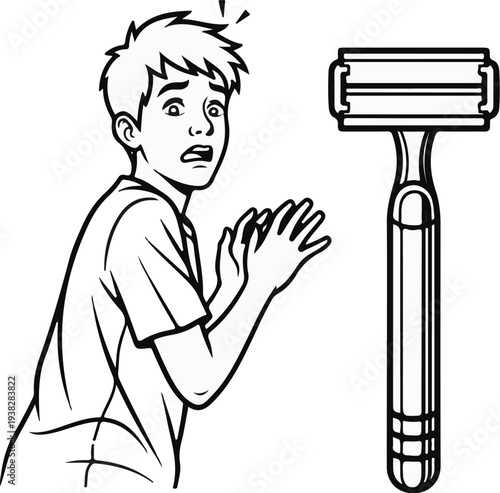 Frightened person recoils from a razor, hands outstretched
