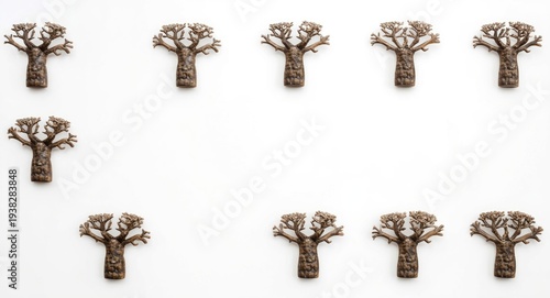 Baobab tree figures spaced out on a clean white background for compositional use