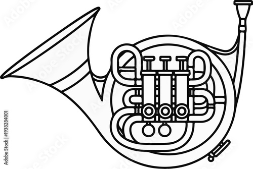 Outline illustration of a french horn with valves and bell