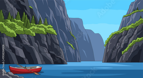 A cartoon illustration of a red rowboat on a calm body of water, nestled between rocky mountains covered with green trees under a bright blue sky.