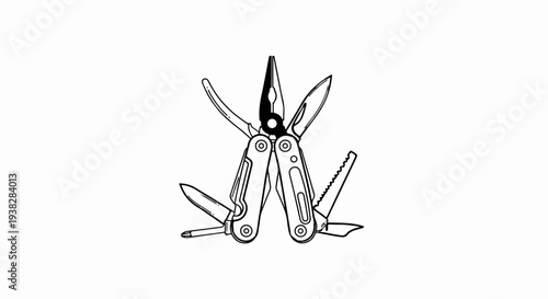 A black and white line drawing of a multi-tool with various attachments extended