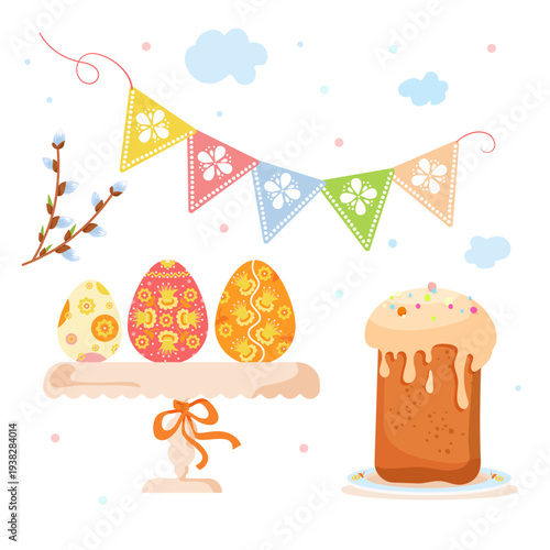 Easter food vector illustration set. Festive Easter baked goods, eggs, cupcakes, bunting and willow branches