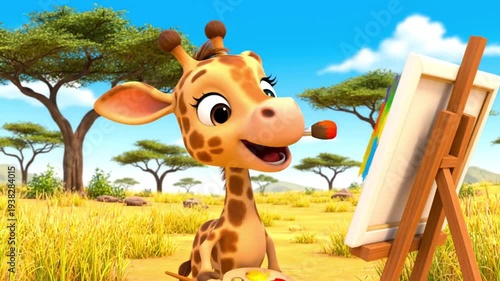 Cartoon Giraffe Painting in Savanna Landscape.
