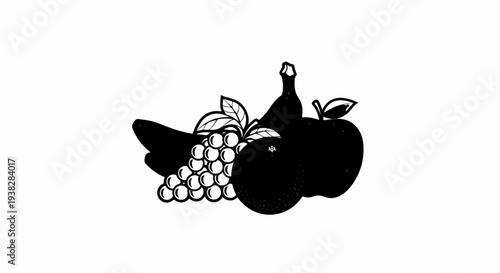 A black and white illustration of assorted fruits including bananas, grapes, an apple, and an orange