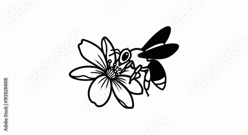 A black and white line drawing of a bee on a flower