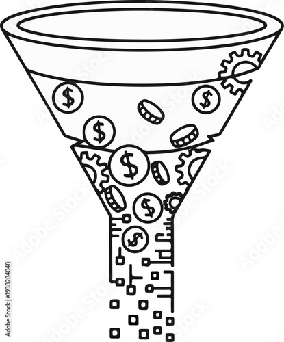 Outline of a funnel with dollar coins and gears processing into digital elements