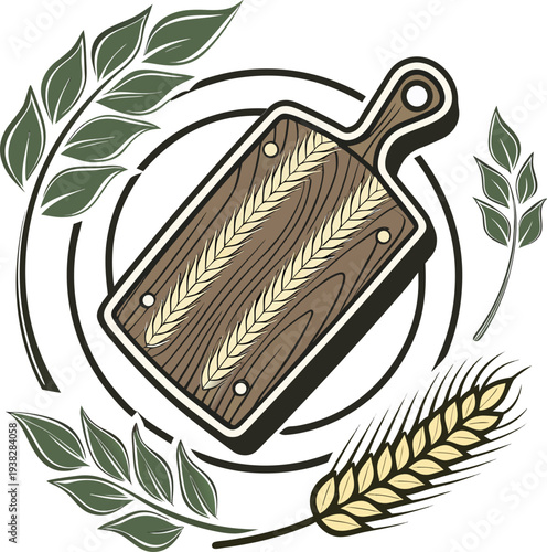 A stylized, symmetrical logo featuring a wooden cutting board at the center, resting atop a circular wooden base. The cutting board is rectangular with a handle, depicted in shades of brown with visib