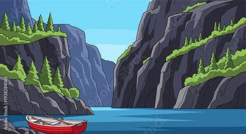 Illustration of a red boat near cliffs covered with trees, set against a clear blue sky, evoking peace and adventure. Ideal for travel, outdoor, and nature-themed content.