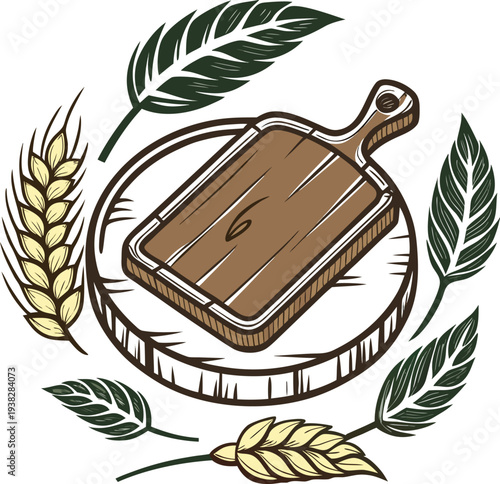A stylized, symmetrical logo featuring a wooden cutting board at the center, resting atop a circular wooden base. The cutting board is rectangular with a handle, depicted in shades of brown with visib
