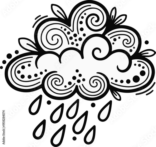 Whimsical cloud with falling raindrops and decorative swirls