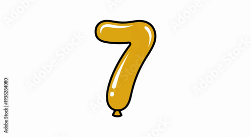 A yellow balloon shaped like the number seven floats against a white background
