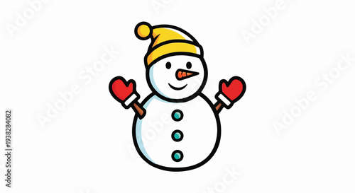 A cheerful cartoon snowman with red mittens and a yellow hat