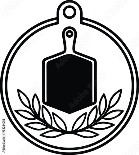 A stylized, symmetrical logo featuring a wooden cutting board at the center, resting atop a circular wooden base. The cutting board is rectangular with a handle, depicted in shades of brown with visib